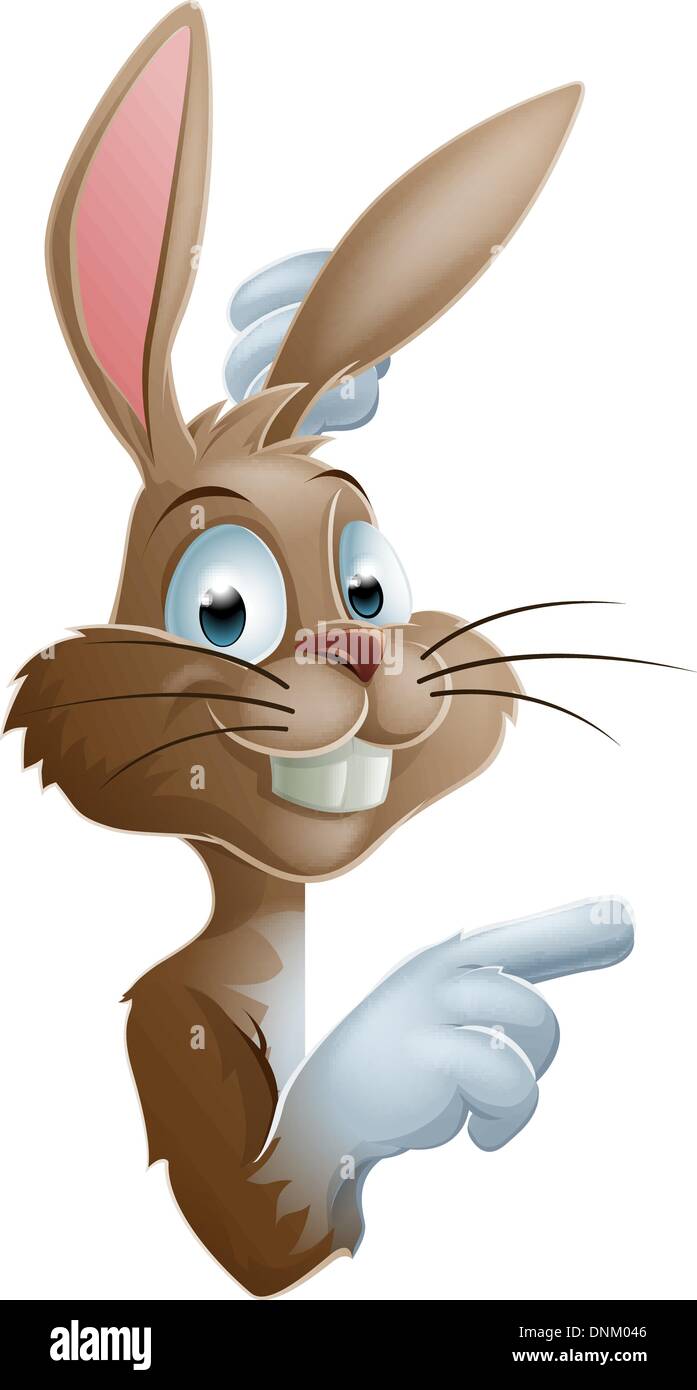 An illustration of a cute cartoon bunny rabbit peeking round from behind a sign and pointing or showing what it says Stock Vector