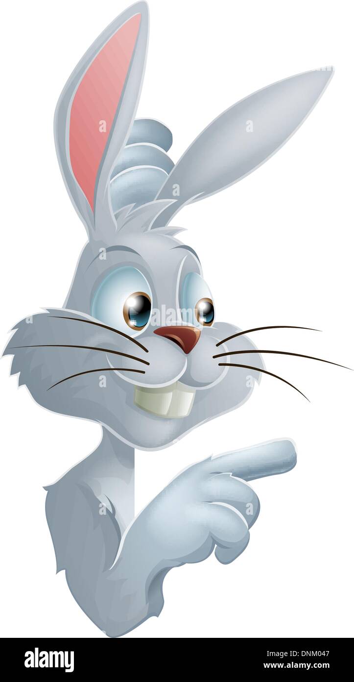 An illustration of a cute cartoon white rabbit peeking round from behind a sign and pointing or showing what it says Stock Vector