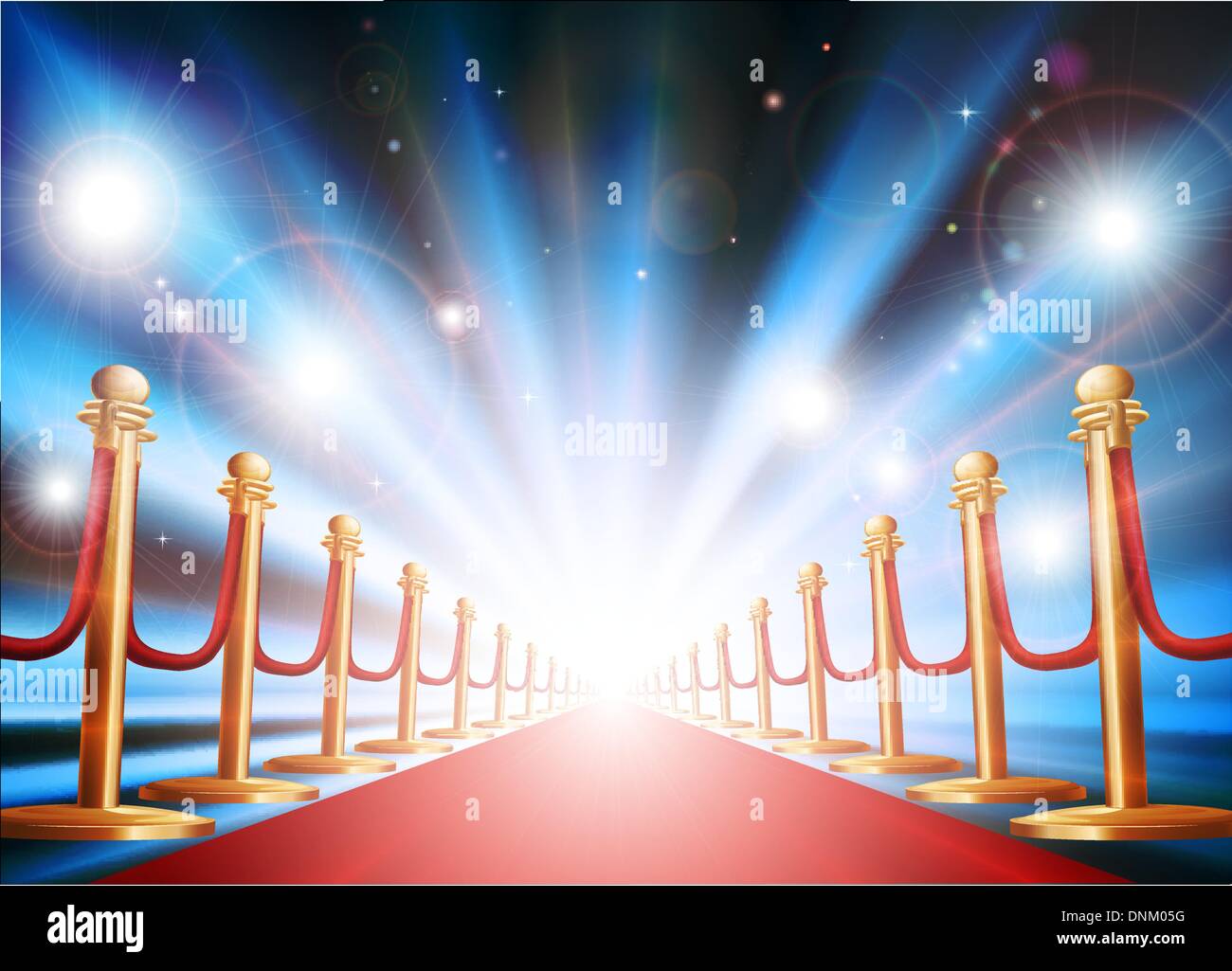 A grand entrance with red carpet, velvet rope and photographers flash lights going off Stock Vector