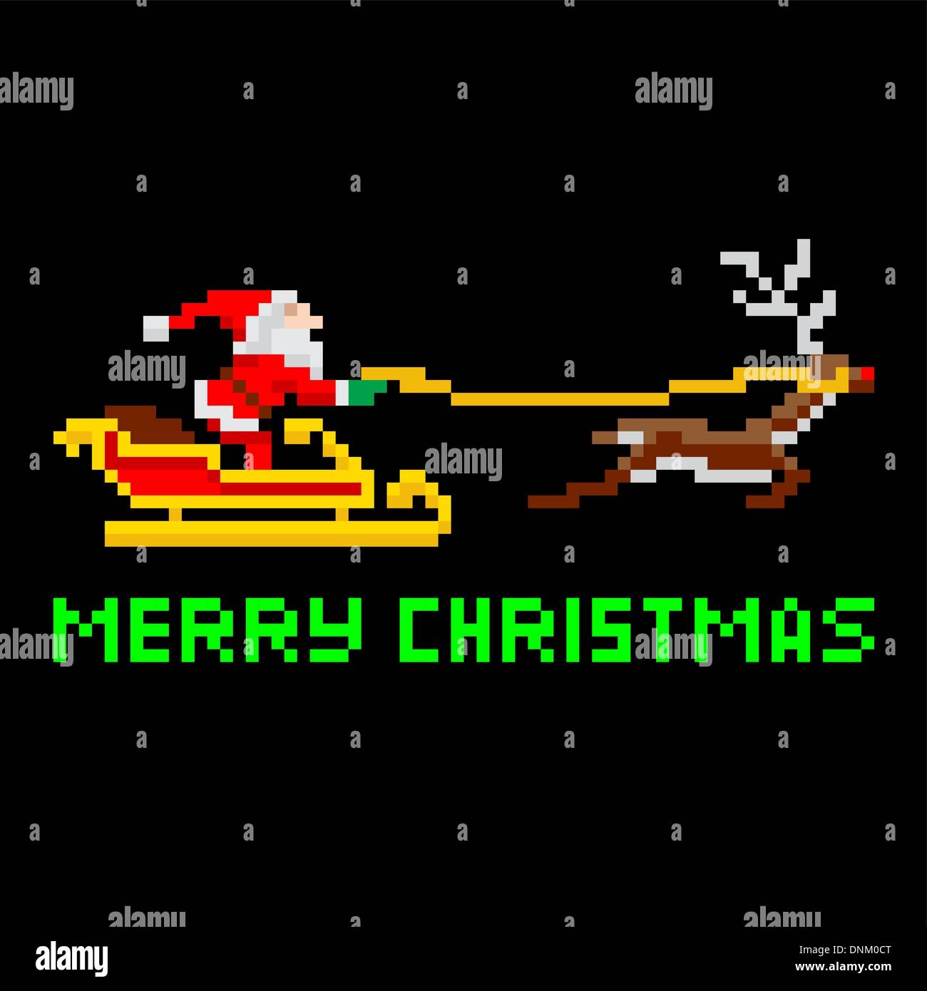 Retro arcade video game style pixel art Christmas Santa Claus in sleigh with Merry Xmas message Stock Vector