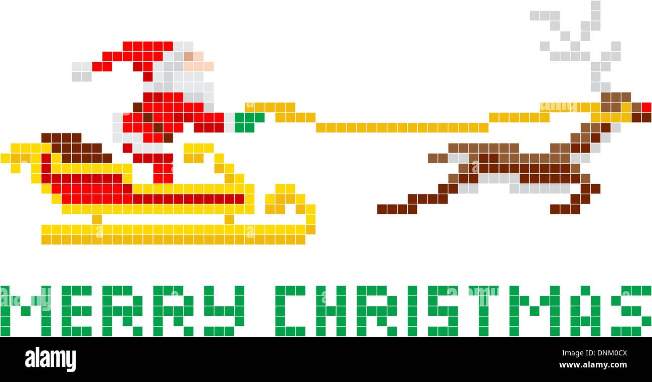 Retro 8-bit arcade video game style pixel art Christmas Santa Claus in sleigh with Merry Xmas message Stock Vector