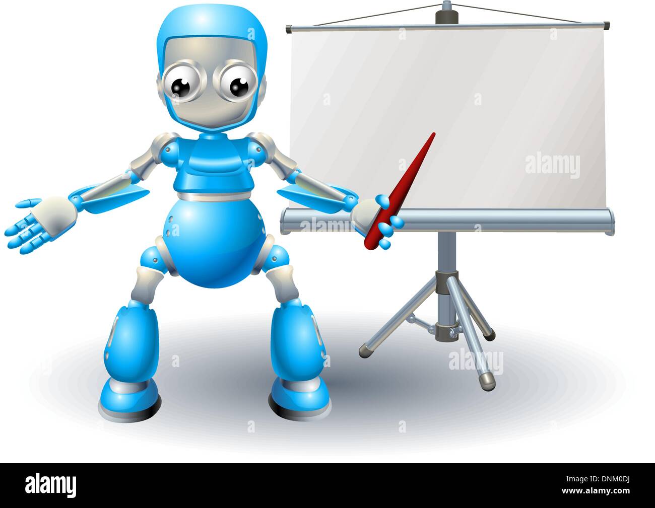 Robot mascot character presenting on roller screen Stock Vector
