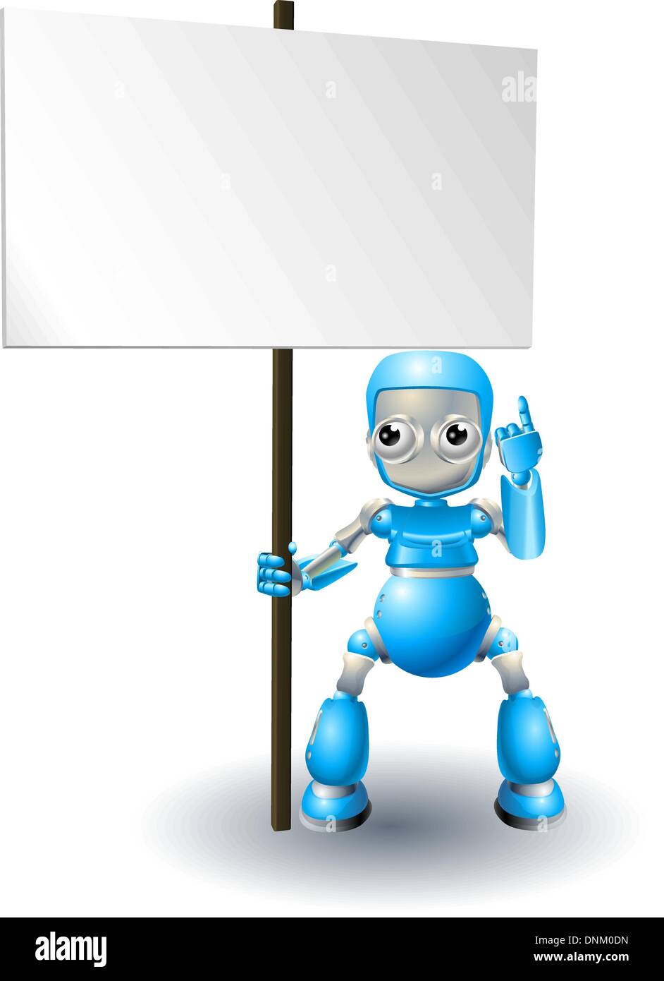 A cute blue robot character holding up a sign and pointing to it Stock ...