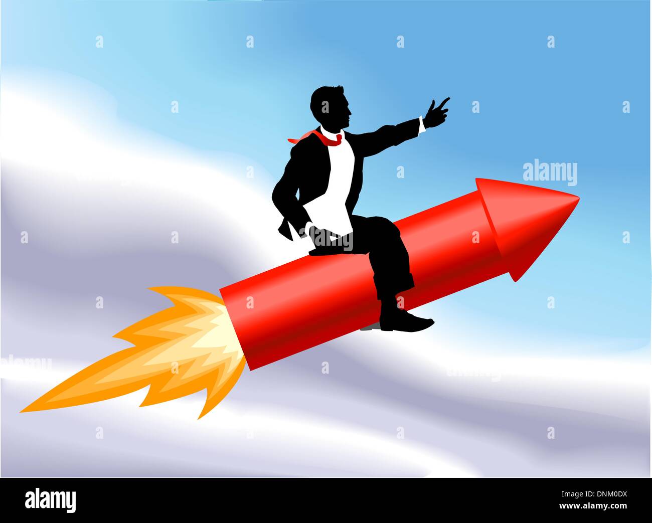 A business man sitting astride a rocket and flying through the air. No meshes used. Stock Vector