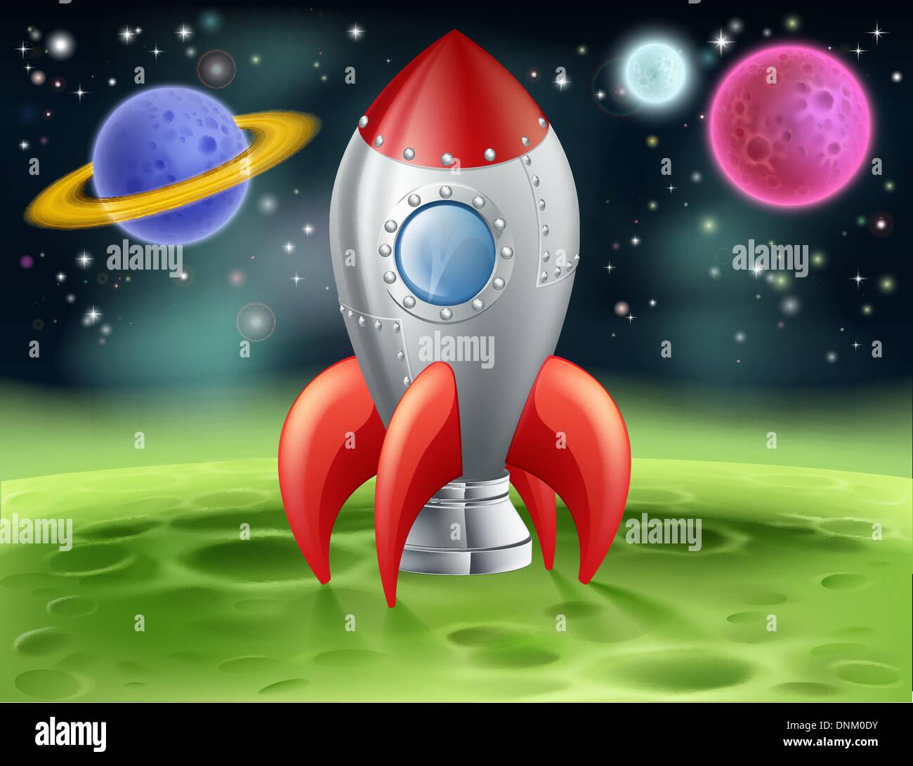 An illustration of a cartoon space rocket on an alien planet or moon Stock Vector