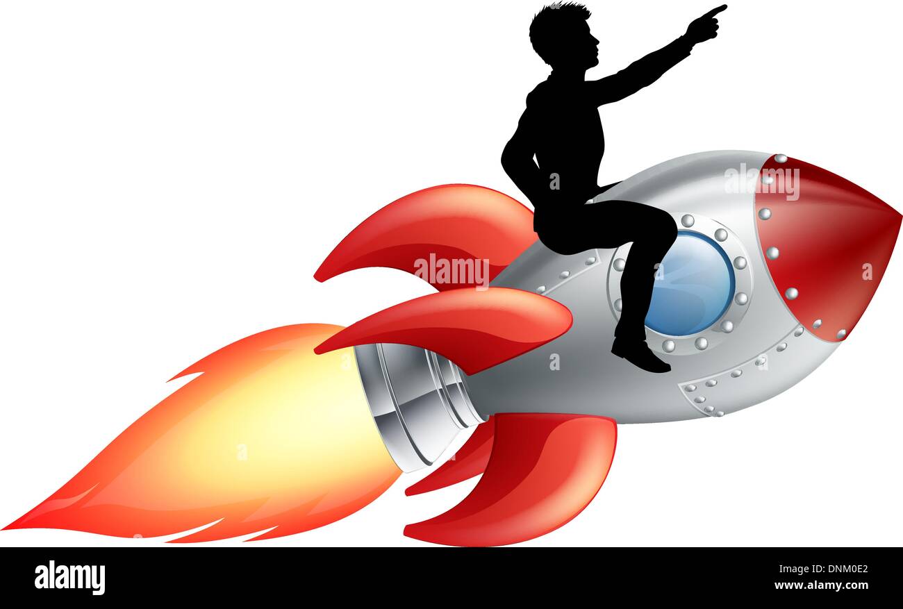 A businessman seated riding a rocket. Concept for innovation, success or breaking new ground in business. Stock Vector