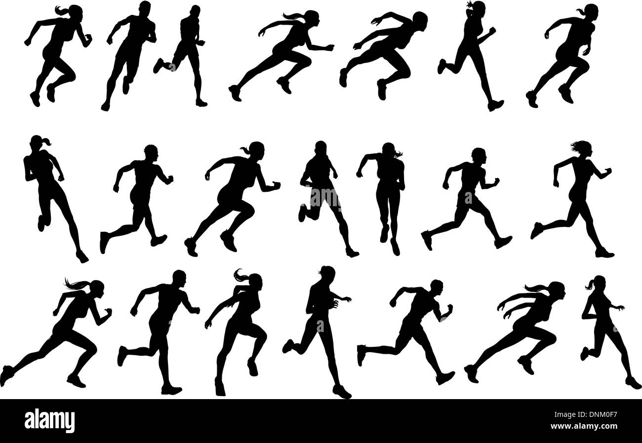 Set of silhouettes of athletic looking male and female runners running Stock Vector