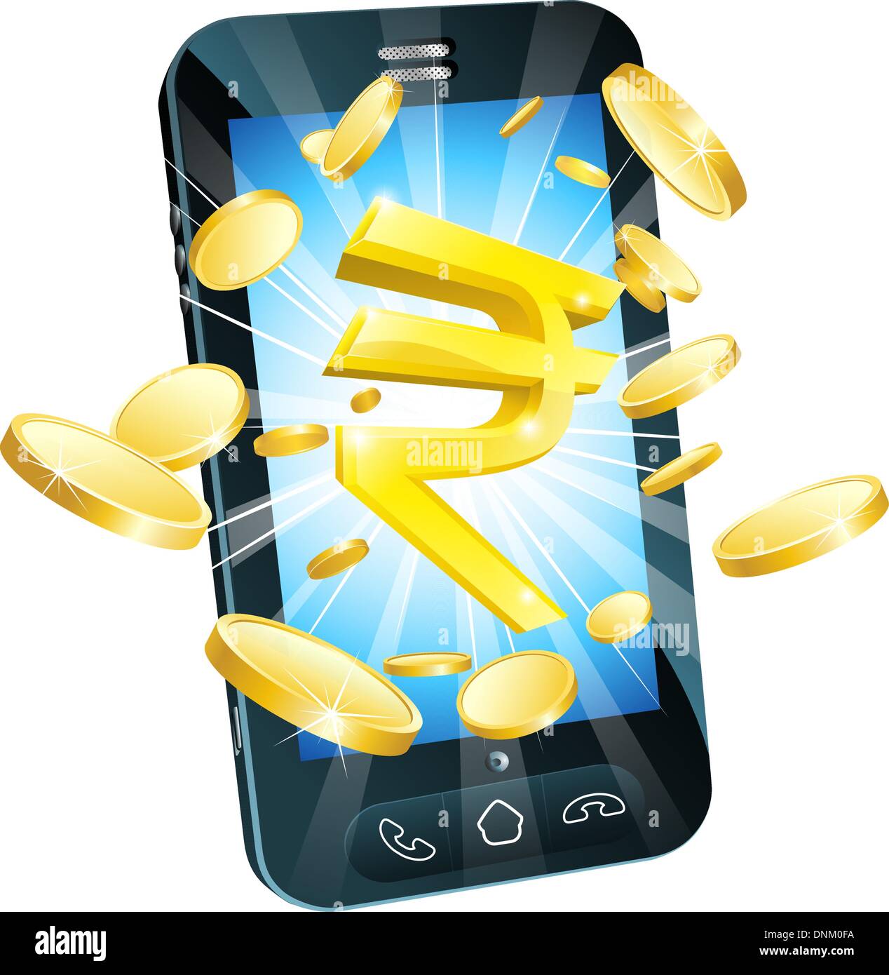 Rupee money phone concept illustration of mobile cell phone with gold Rupee sign and coins Stock Vector