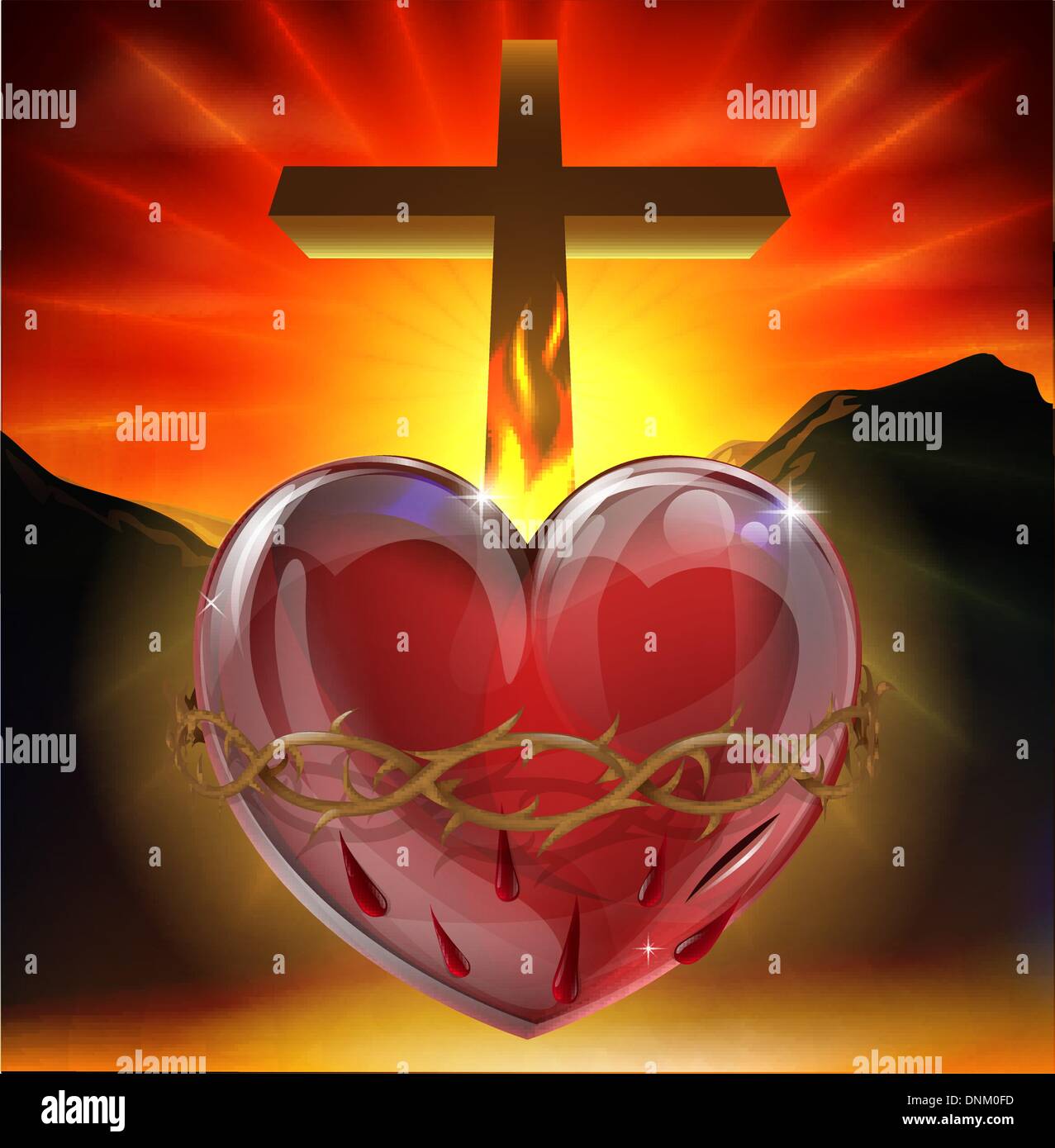Illustration of the Christian symbol of the sacred heart. A heart shining with divine light with crown of thorns,  lance wound a Stock Vector