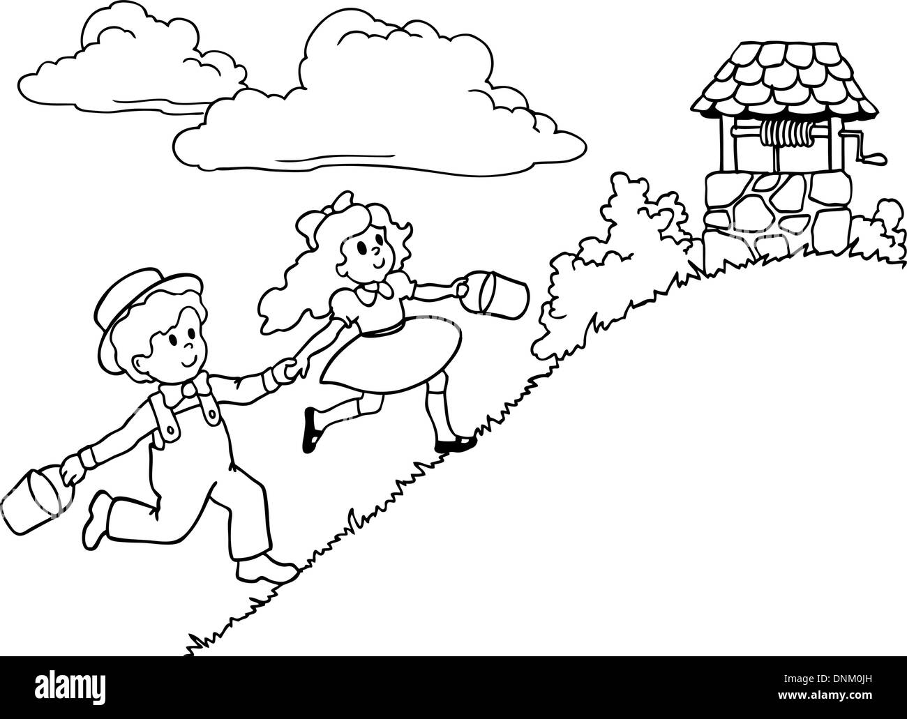 Children the boy and the girl run behind water to a well a vector Stock Vector