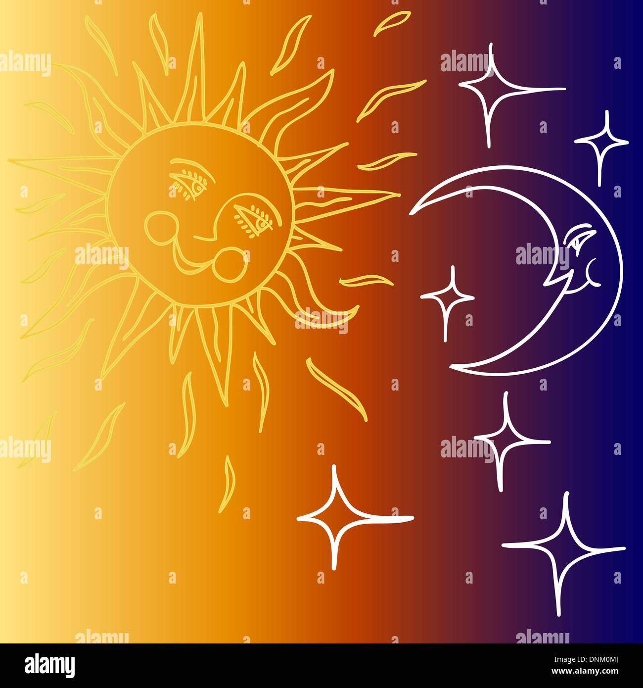 Vector illustration of Moon and Sun with faces Stock Vector