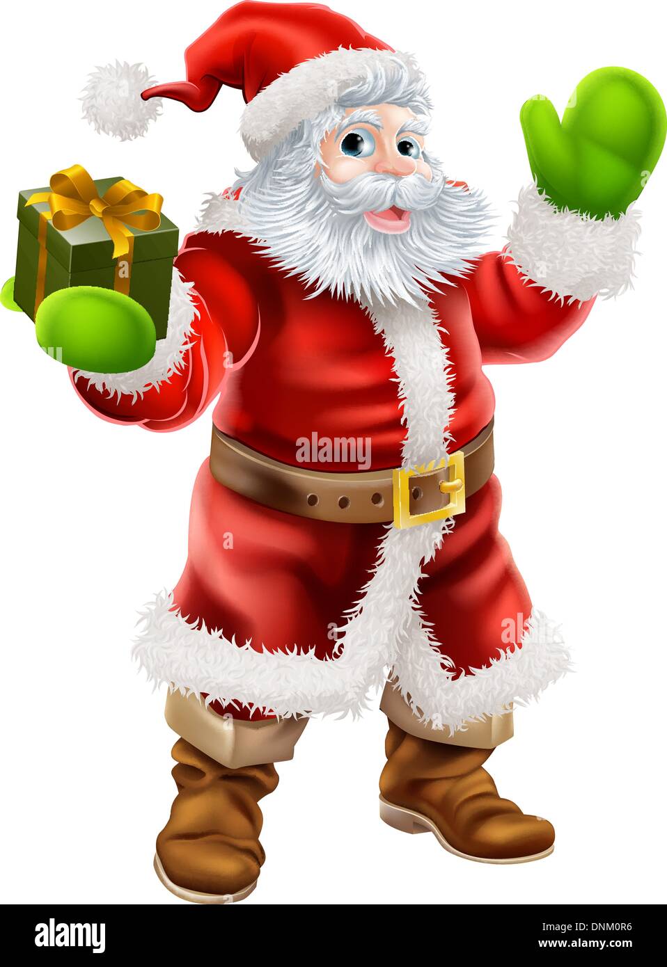 Cartoon illustration of Santa Claus waving and holding a Christmas