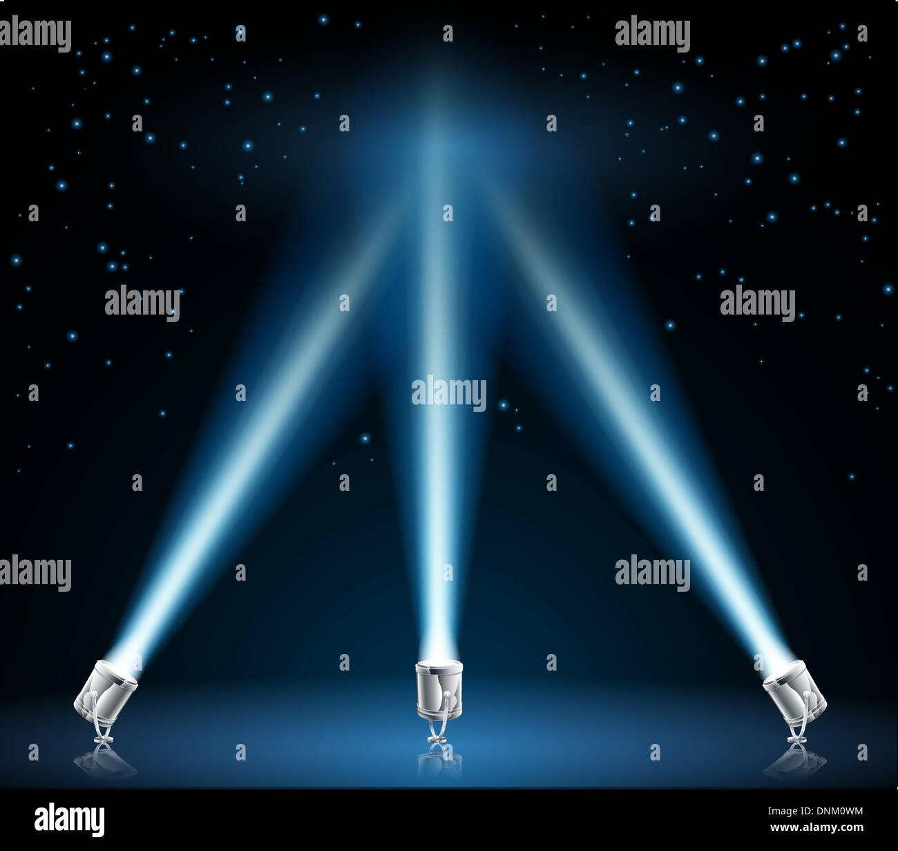 Illustration of searchlights or spotlights pointing into the night sky Stock Vector
