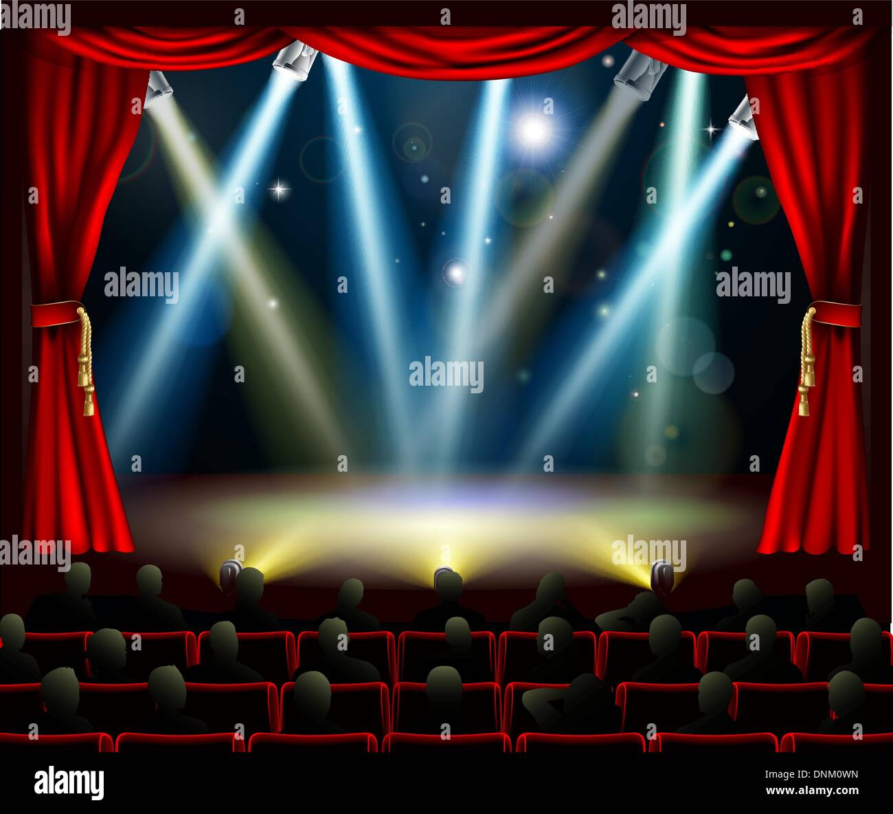 Audience in silhouette watching stage with stage spotlights light show Stock Vector