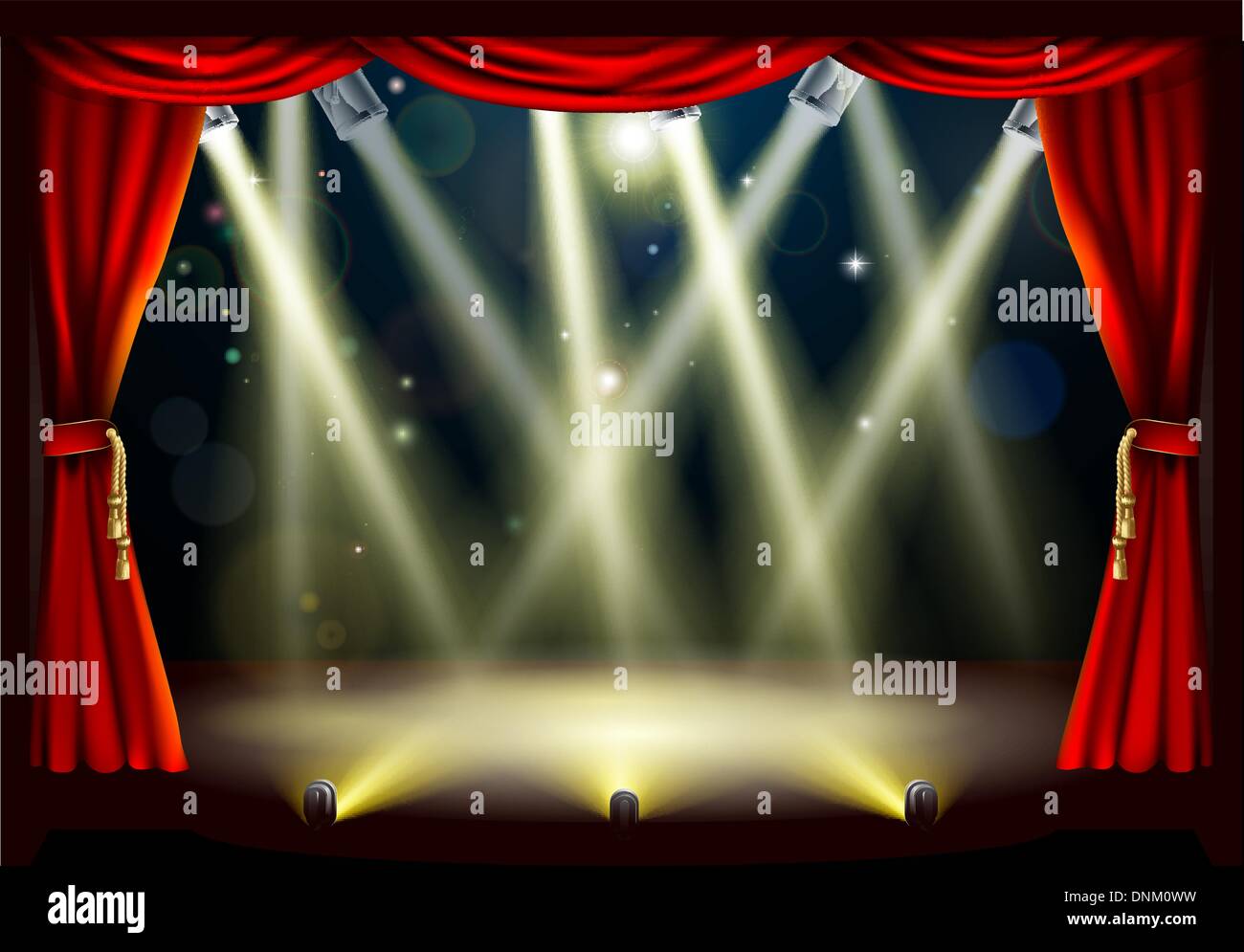 Illustration of a theater stage with lots of stage lights or spotlights with footlights Stock Vector