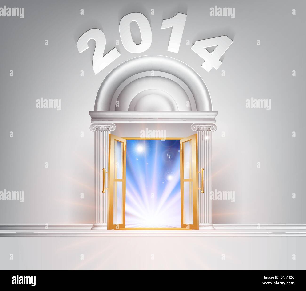 New Year Door 2014 concept of a fantastic white marble door with columns with light streaming through it. Stock Vector