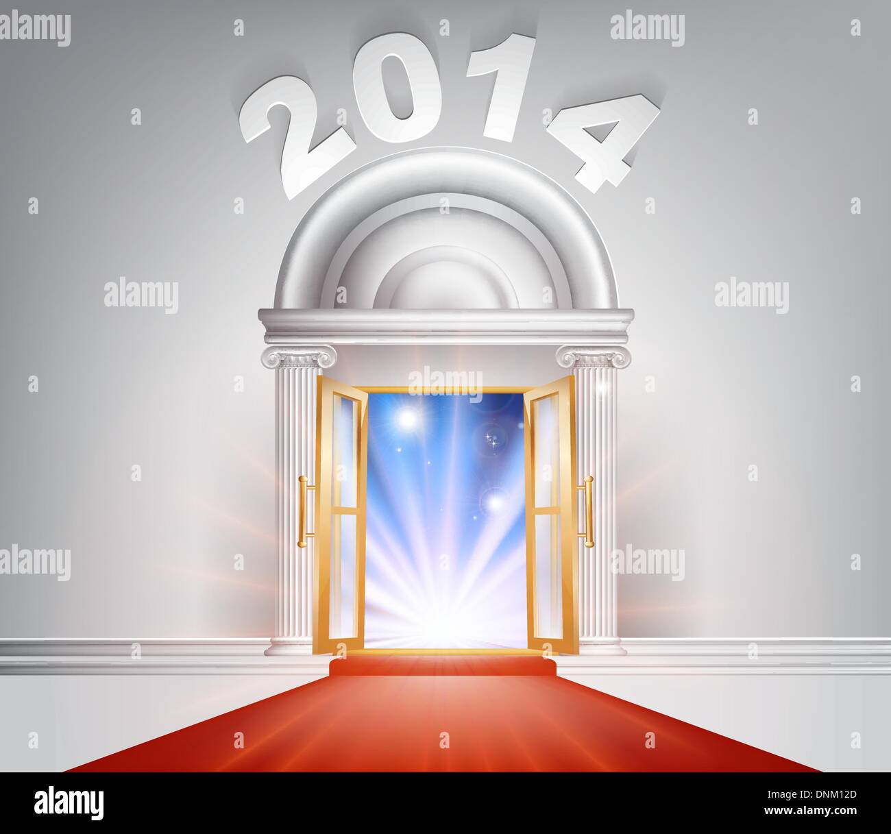 New Year Door 2014 concept of a fantastic white marble door with columns and a red carpet with light streaming through it. Stock Vector