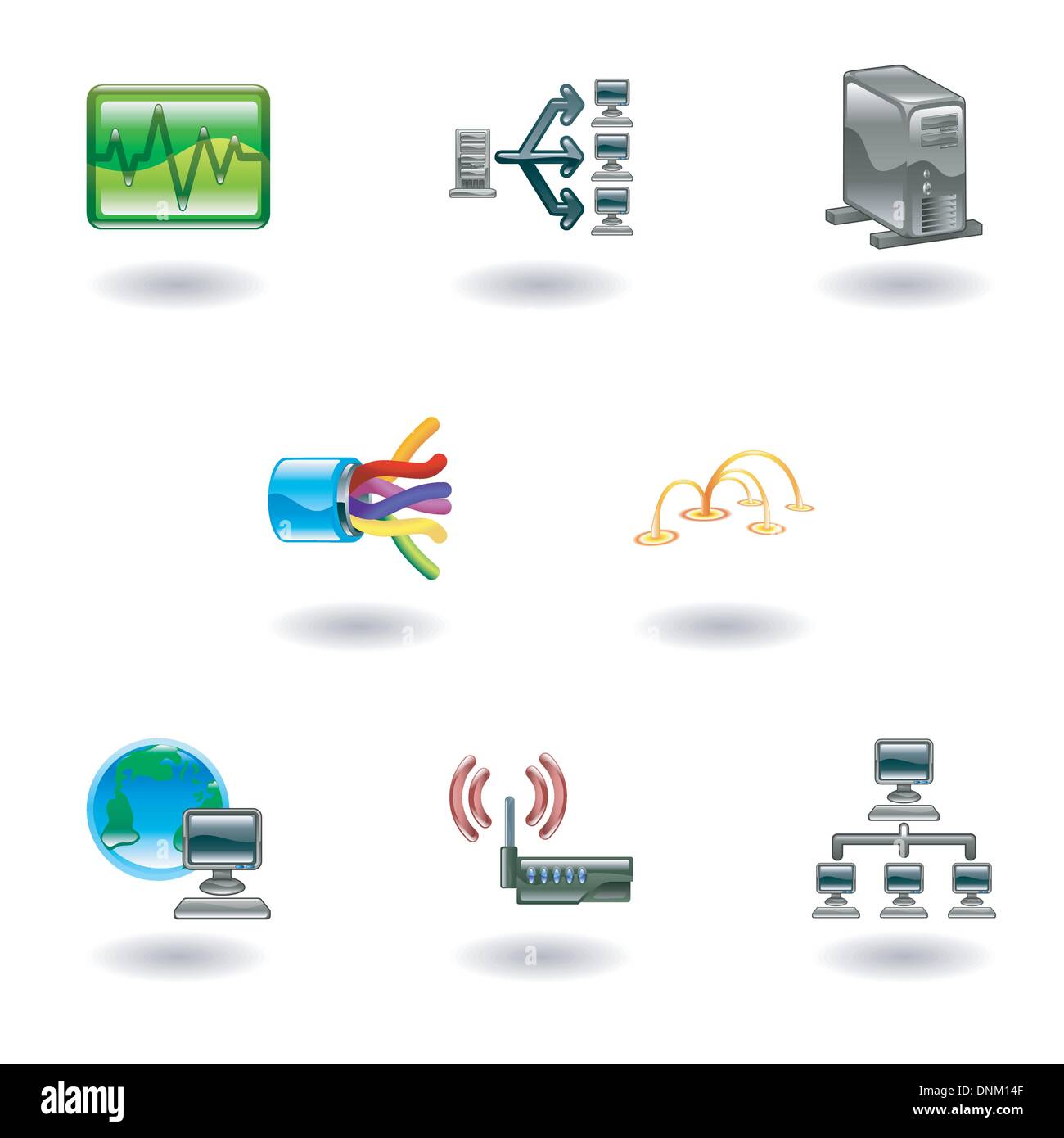 A glossy computer network and internet icon set Stock Vector