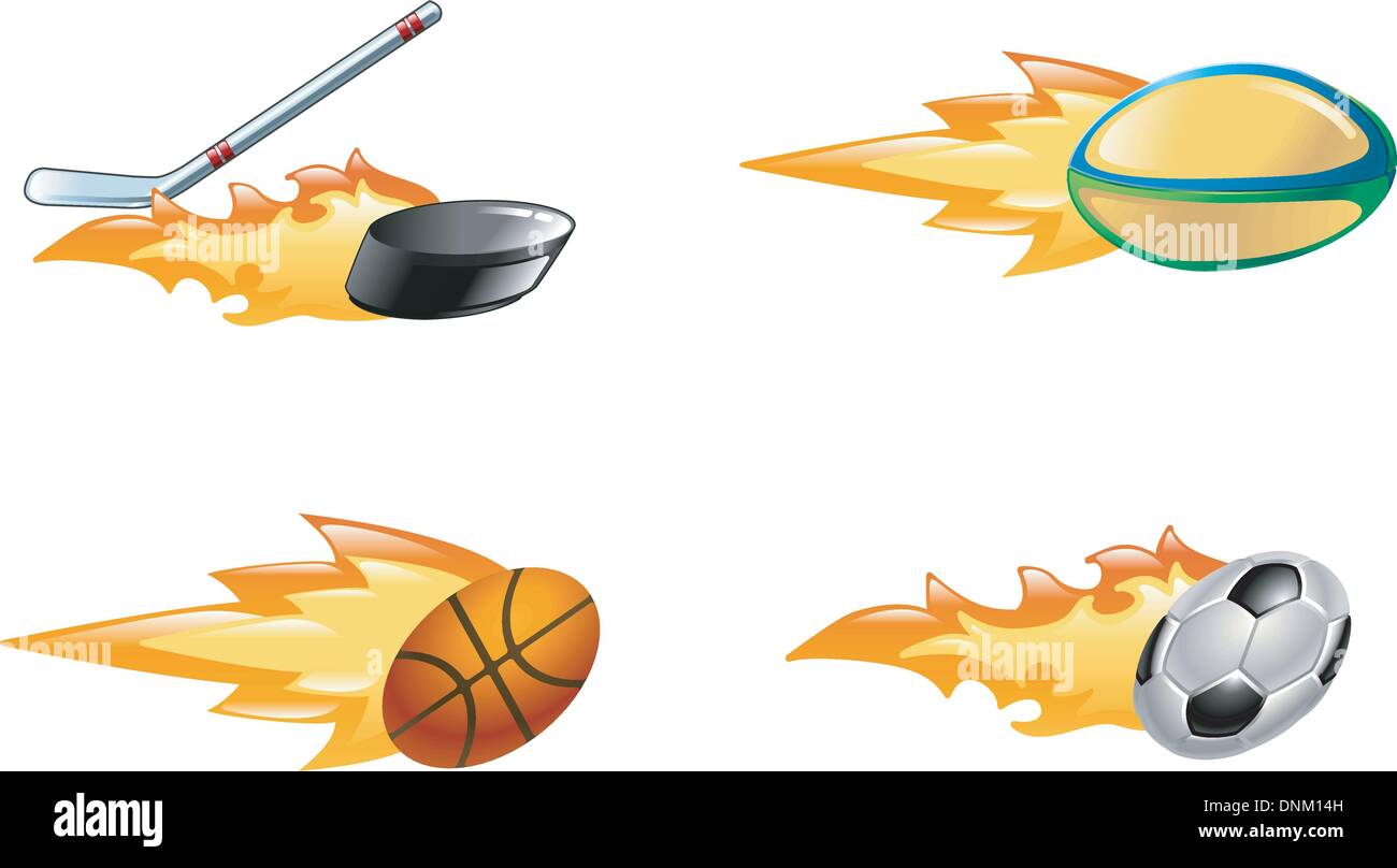 A glossy shiny flaming sport icon set. Rugby ball, ice hockey stick striking puck, basketball ball and soccer or football ball z Stock Vector