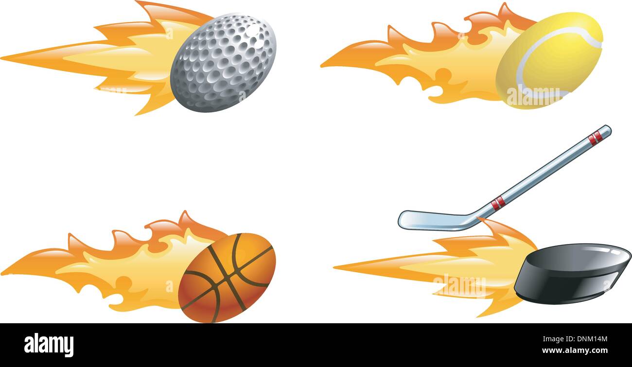A glossy shiny sport icon set with flames and fire. Golf ball, tennis ball, basket ball and hockey puck and stick flying fast th Stock Vector