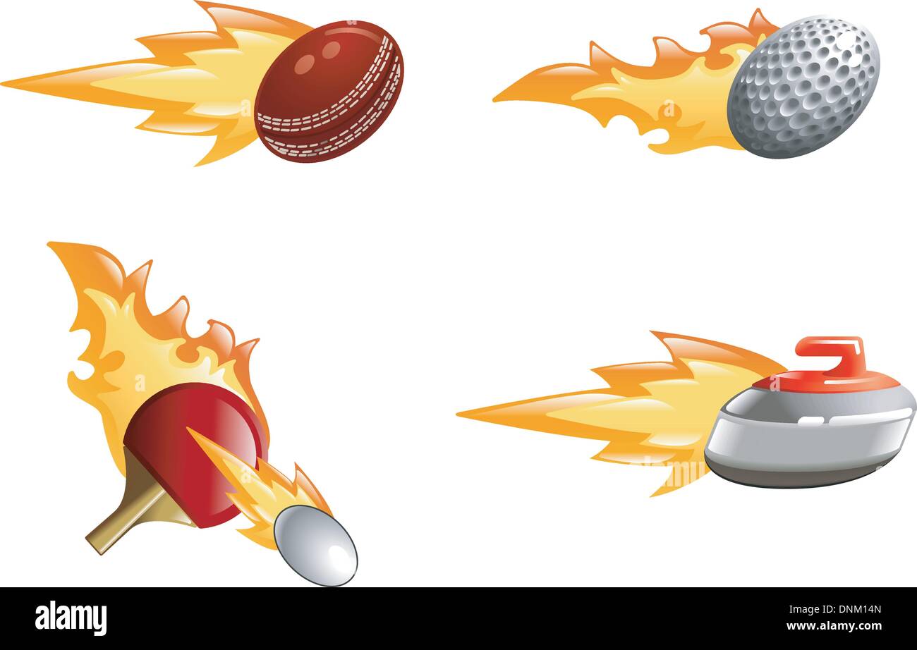 A glossy shiny sport icon set with flames and fire. Golf ball, cricket ball, ping pong bat and ball and curling stone flying fas Stock Vector