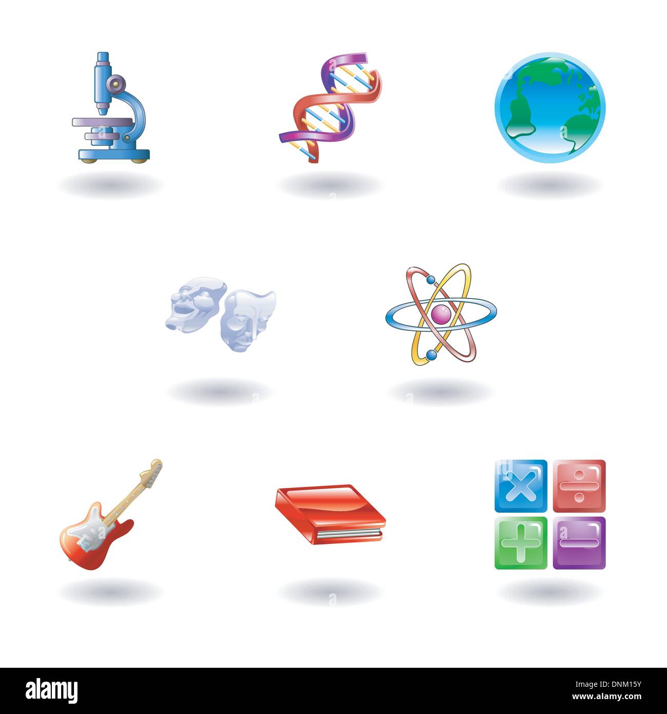 a subject or category icon set eg. science, maths, literature, geography, music, physics etc Stock Vector