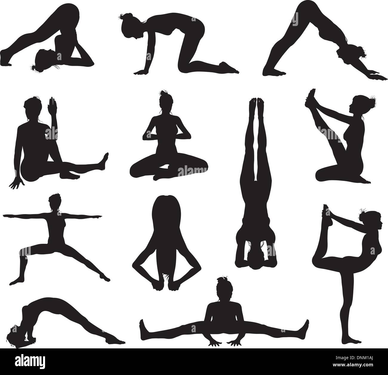 A set of highly detailed high quality yoga or pilates pose silhouettes Stock Vector