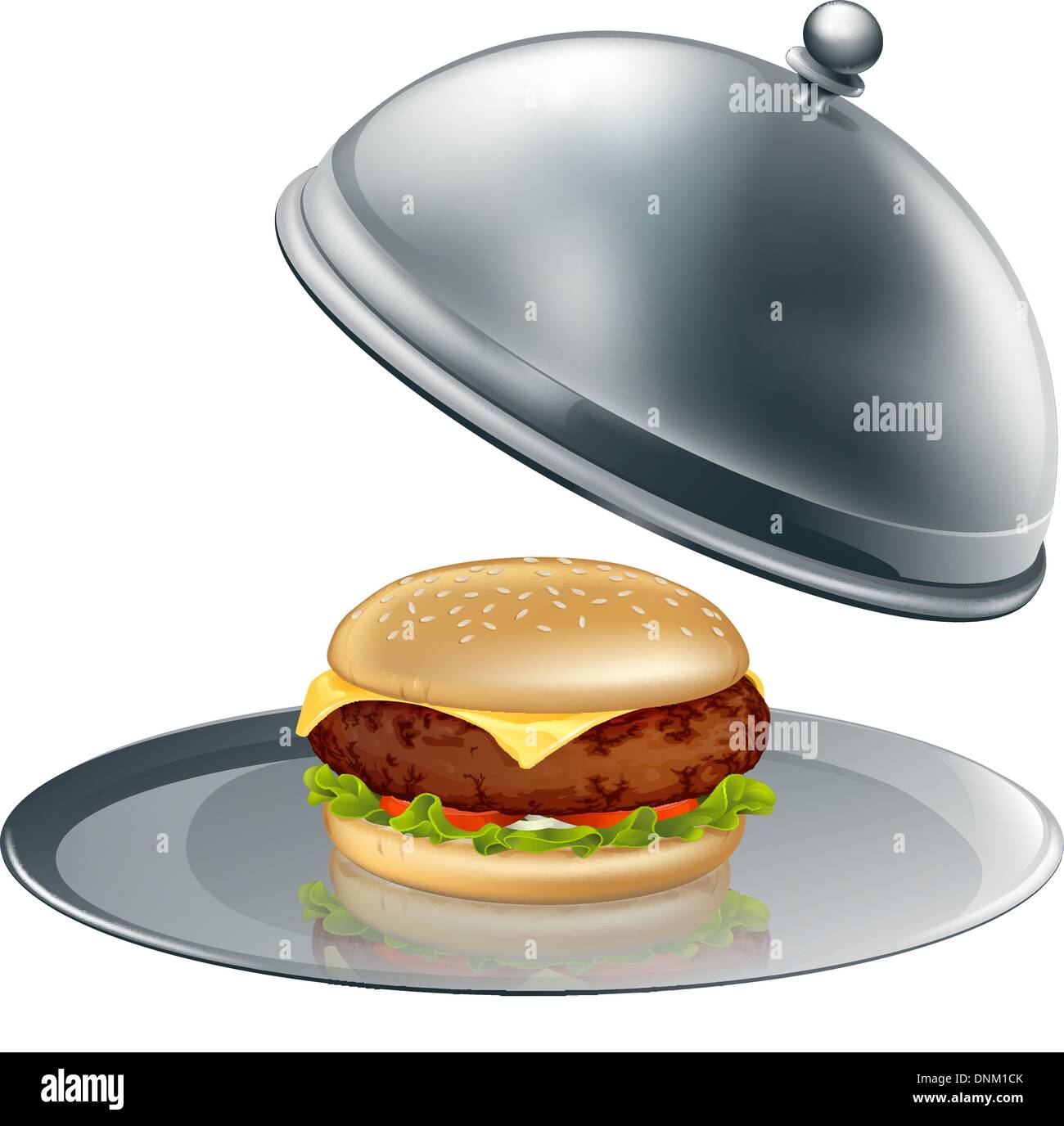 Illustration of a cheese burger on silver platter. Could be a concept for inflated worth or luxury burgers. Stock Vector