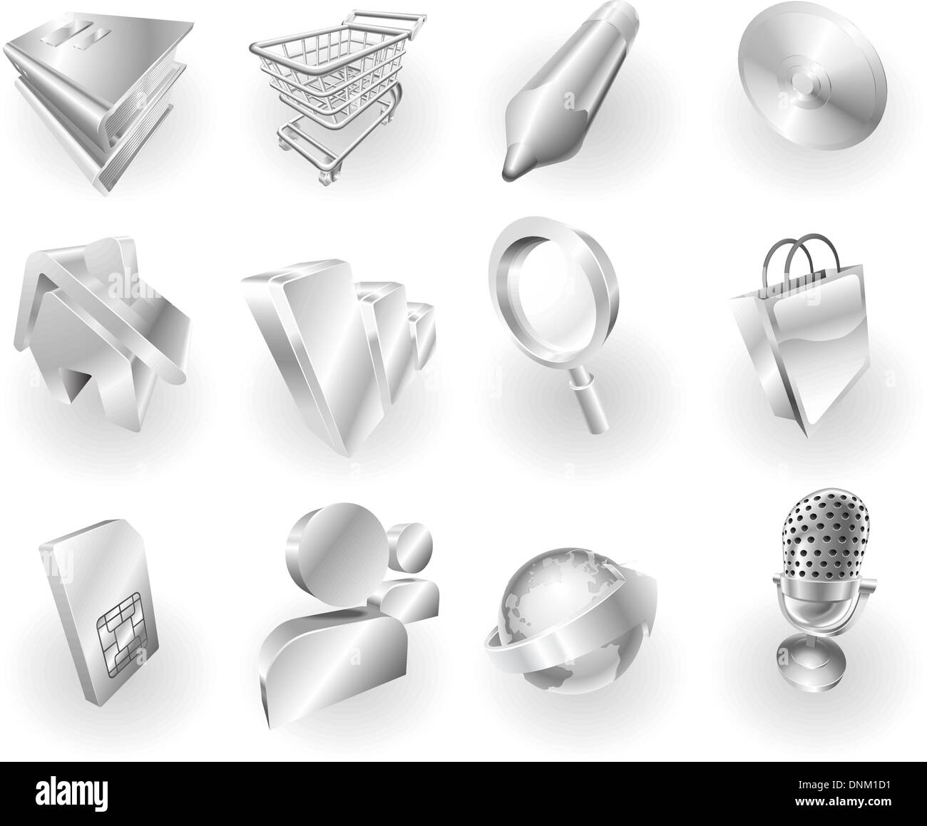A set of silver steel or aluminium shiny glossy metal metallic internet application icon set series. Stock Vector