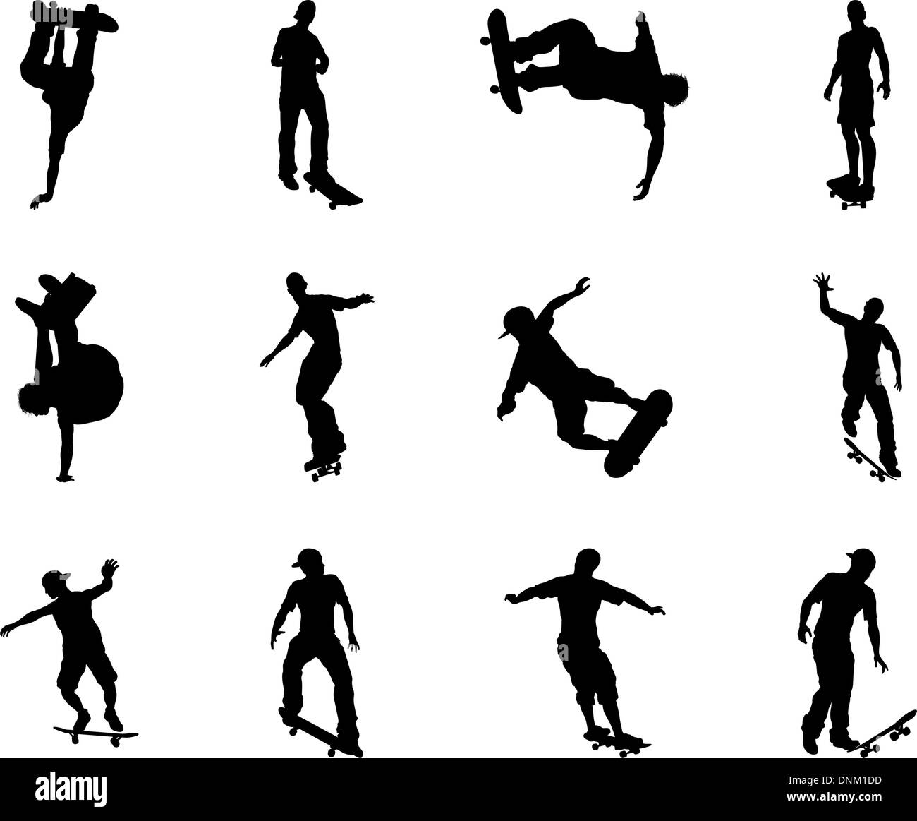 Skateboarders performing lots of tricks on their boards. Very high quality detailed skating skateboarder silhouette outlines. Stock Vector