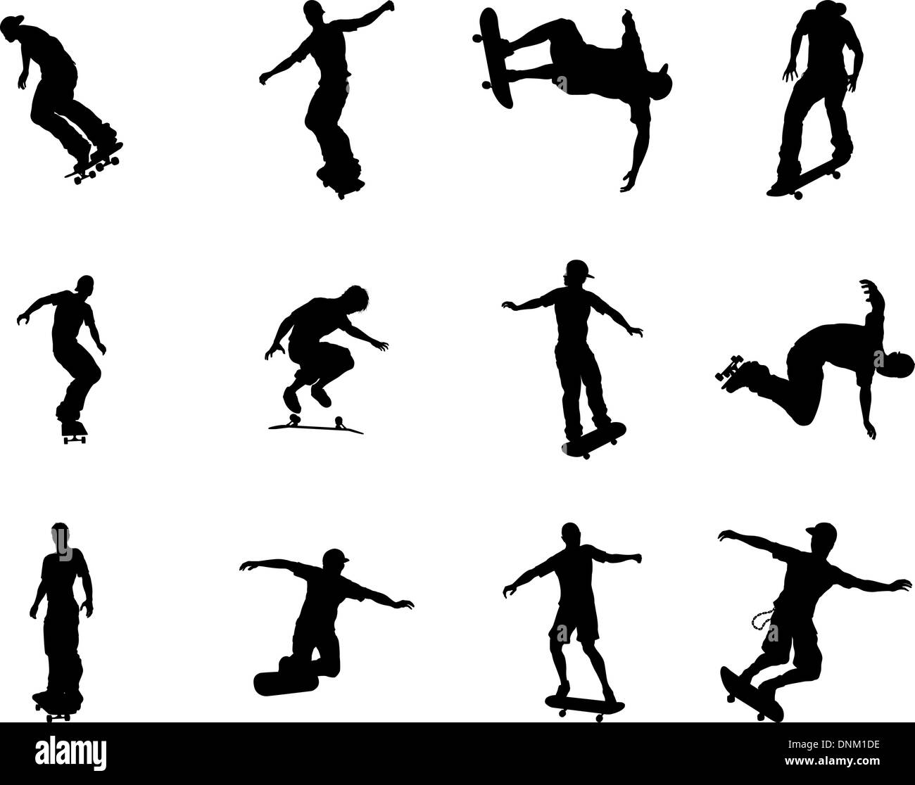 Very high quality and highly detailed skating skateboarder silhouette outlines. Stock Vector