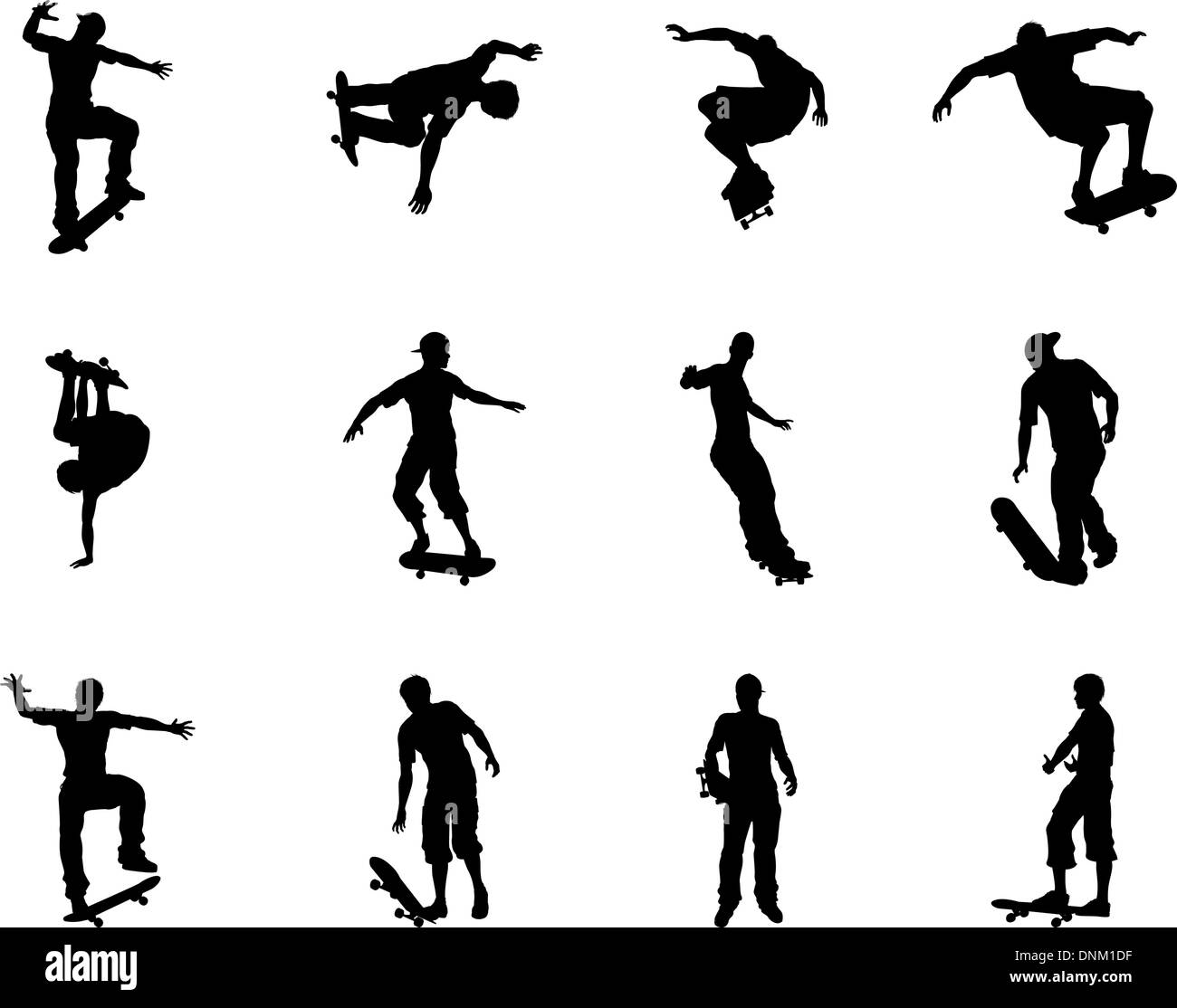 Very high quality and highly detailed skating skateboarder silhouette outlines. Skateboarders performing lots of tricks on their Stock Vector