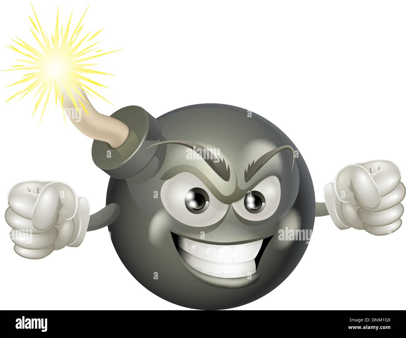 An illustration of mean or angry looking cartoon bomb character with a lit fuse Stock Vector