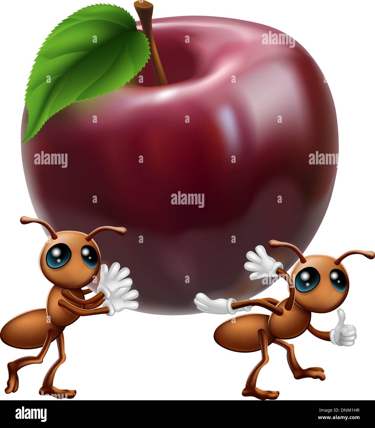 An illustration of two ant characters carrying a big apple. A conceptual illustration for teamwork or helping each other. Stock Vector
