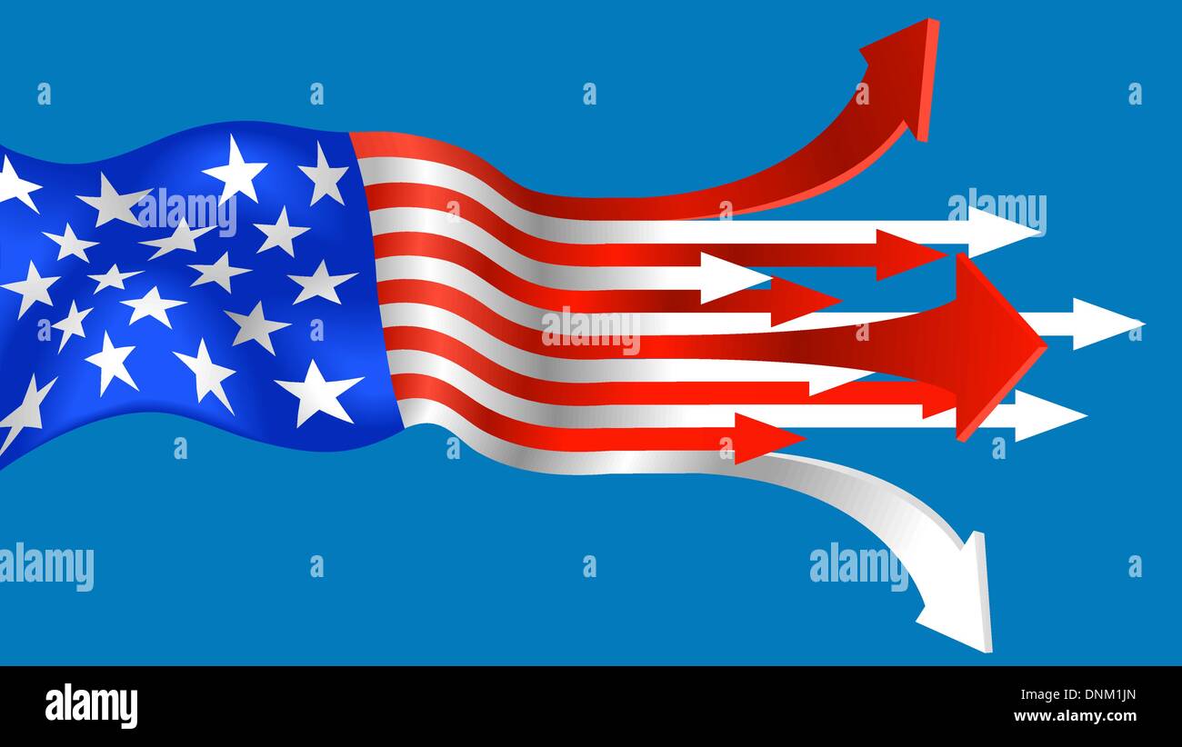 Illustration of American flag with arrows pointing out on blue background Stock Vector