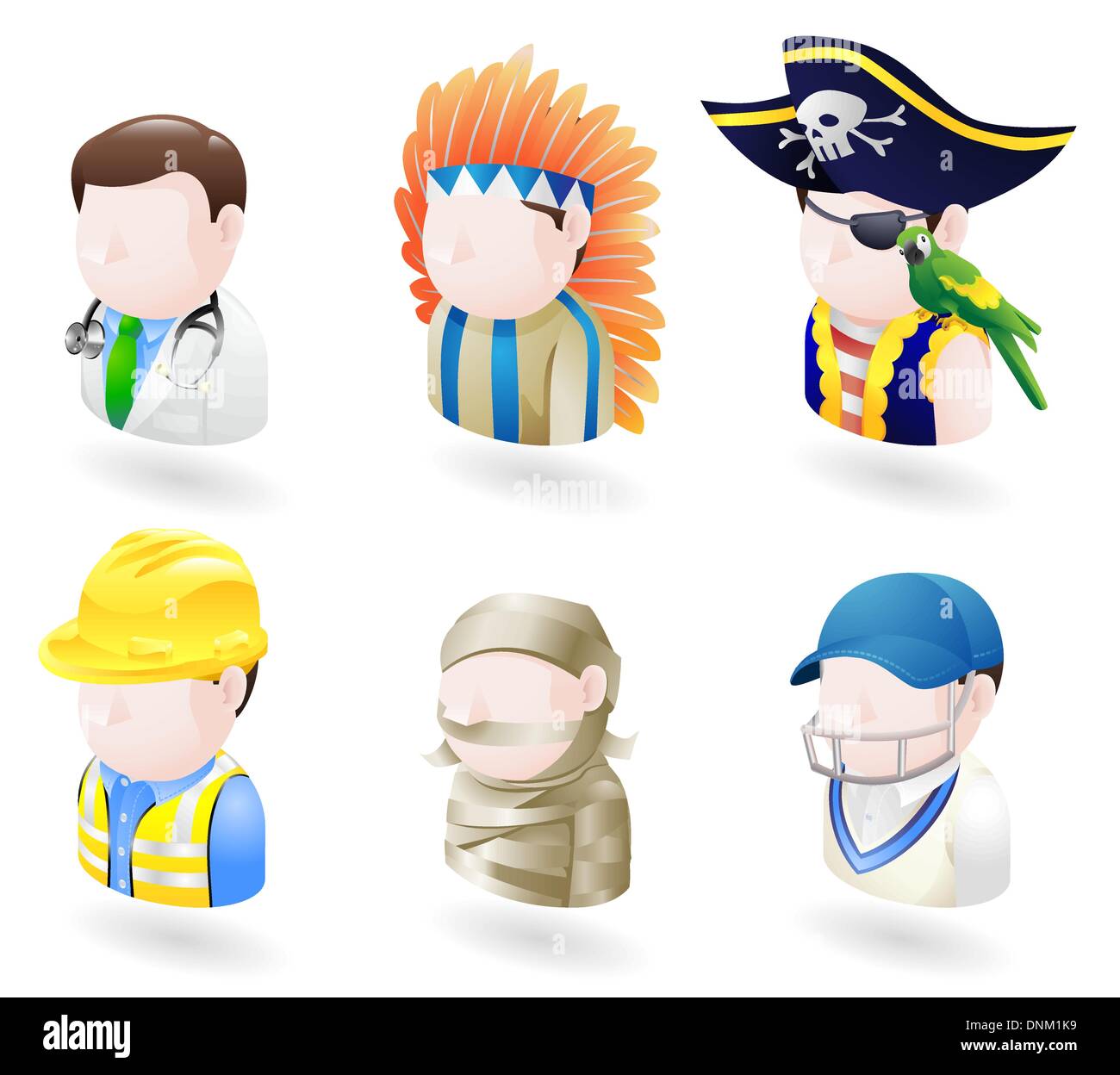 An avatar people web or internet icon set series. Includes a doctor, native American, pirate, builder or construction worker or  Stock Vector