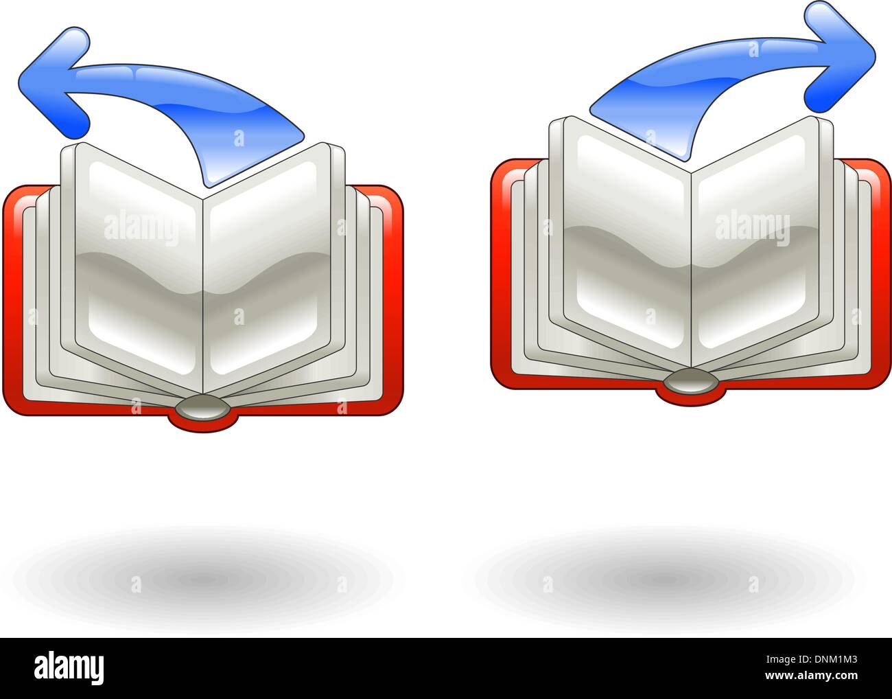 Illustration of books open with back and forward arrows Stock Vector