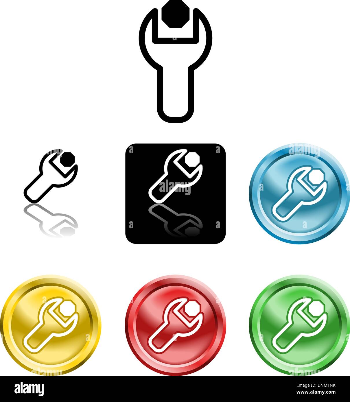 Several versions of an icon symbol of a stylised spanner turning a nut or bolt Stock Vector