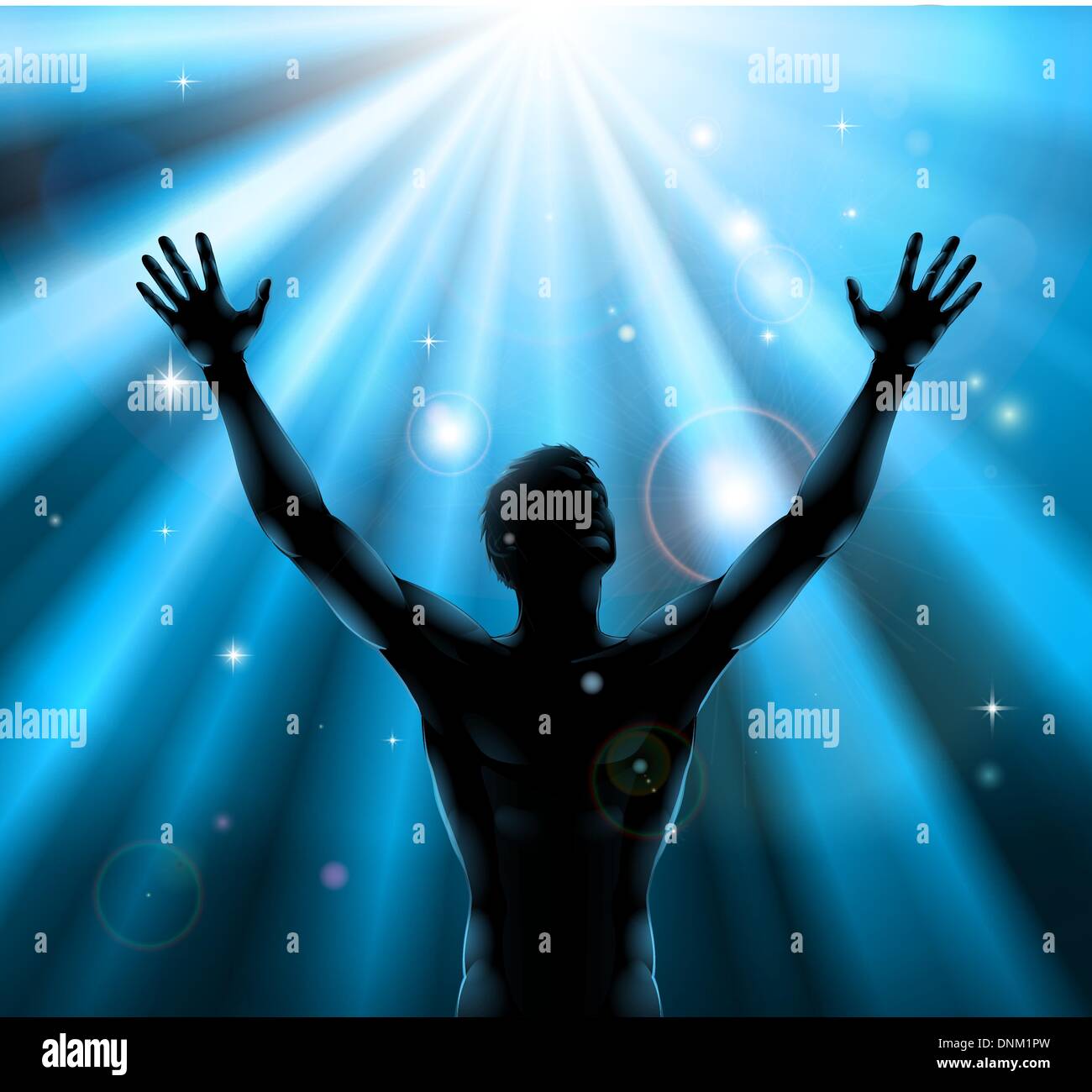 A man with hands held up in silhouette with light rays in the background Stock Vector