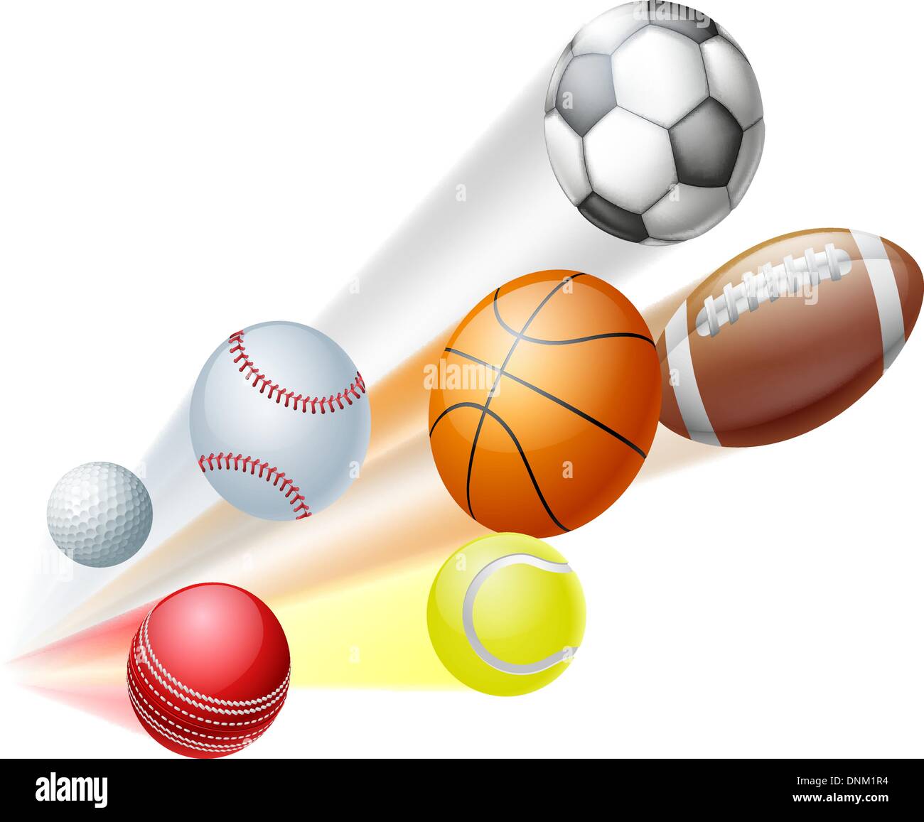 Illustration of a lots of sports ball dynamically flying through the air with motion blur Stock Vector