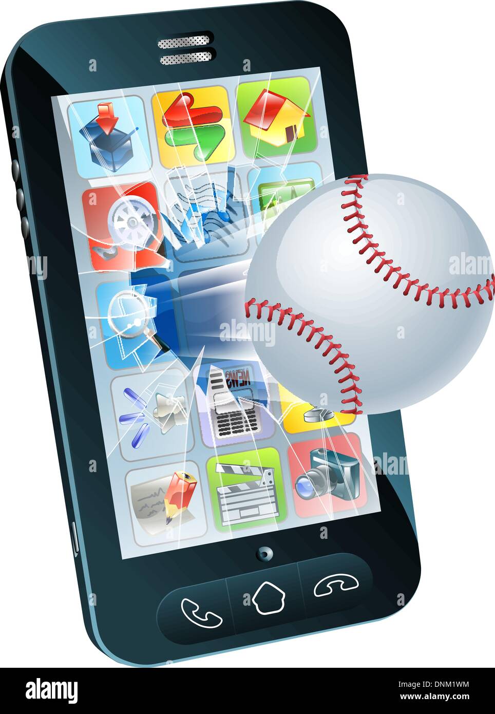 Illustration of a baseball ball flying out of a broken mobile phone screen Stock Vector