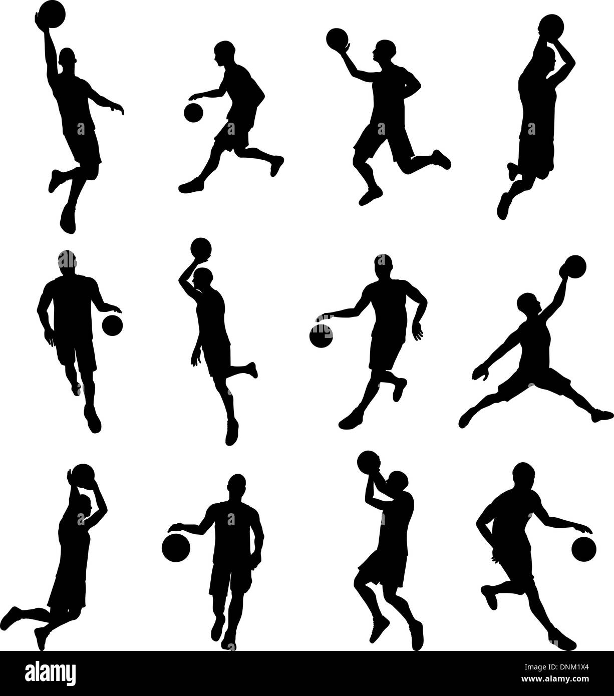 A set of highly detailed high quality Basketball player silhouettes Stock Vector