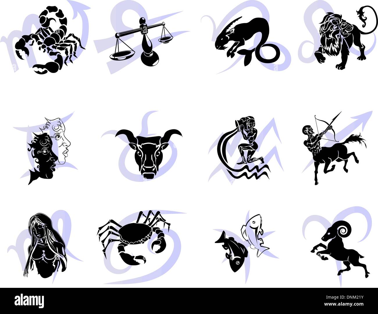 Illustrations of the twelve Horoscope Zodiac Star signs Stock Vector