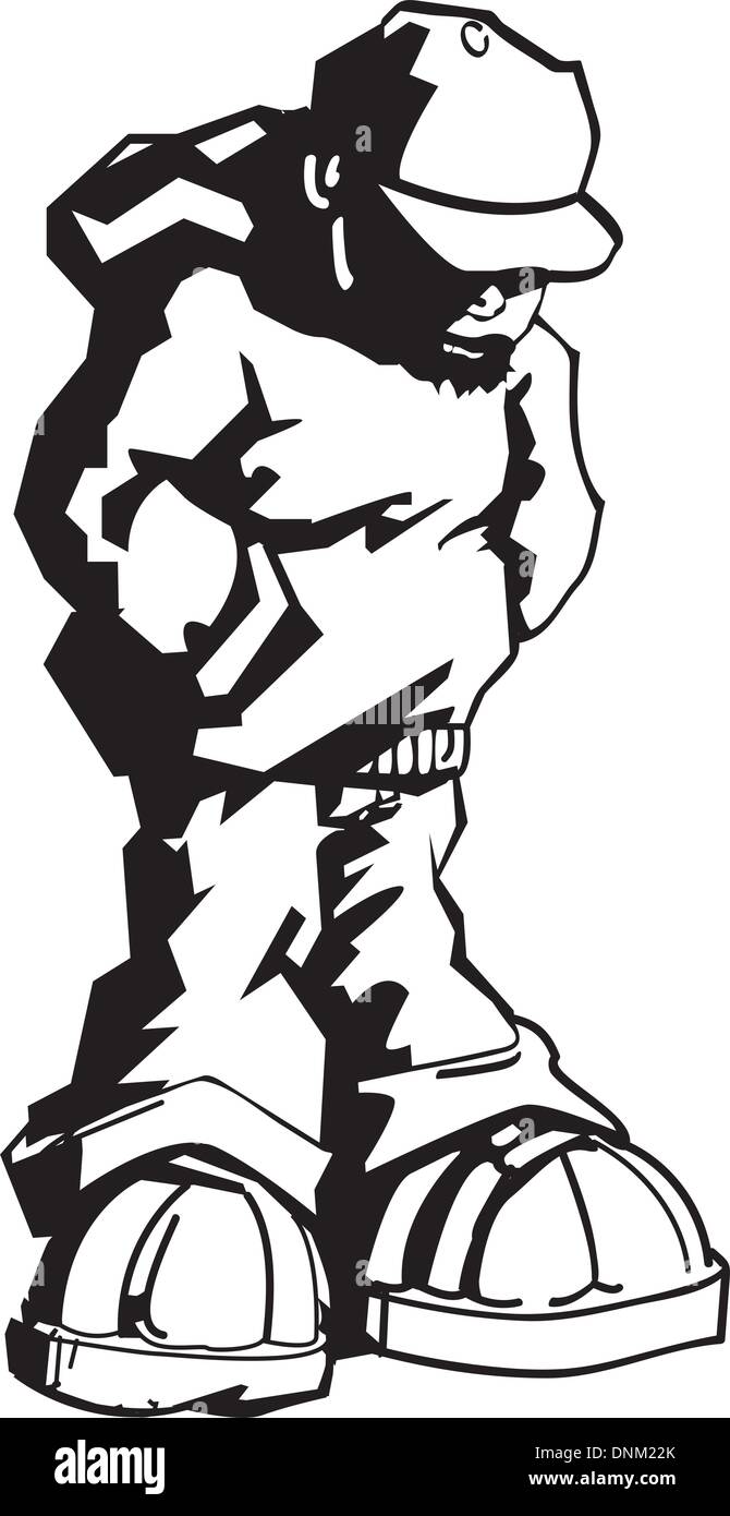 Black and white illustration of young man wearing a cap and hoodie ...