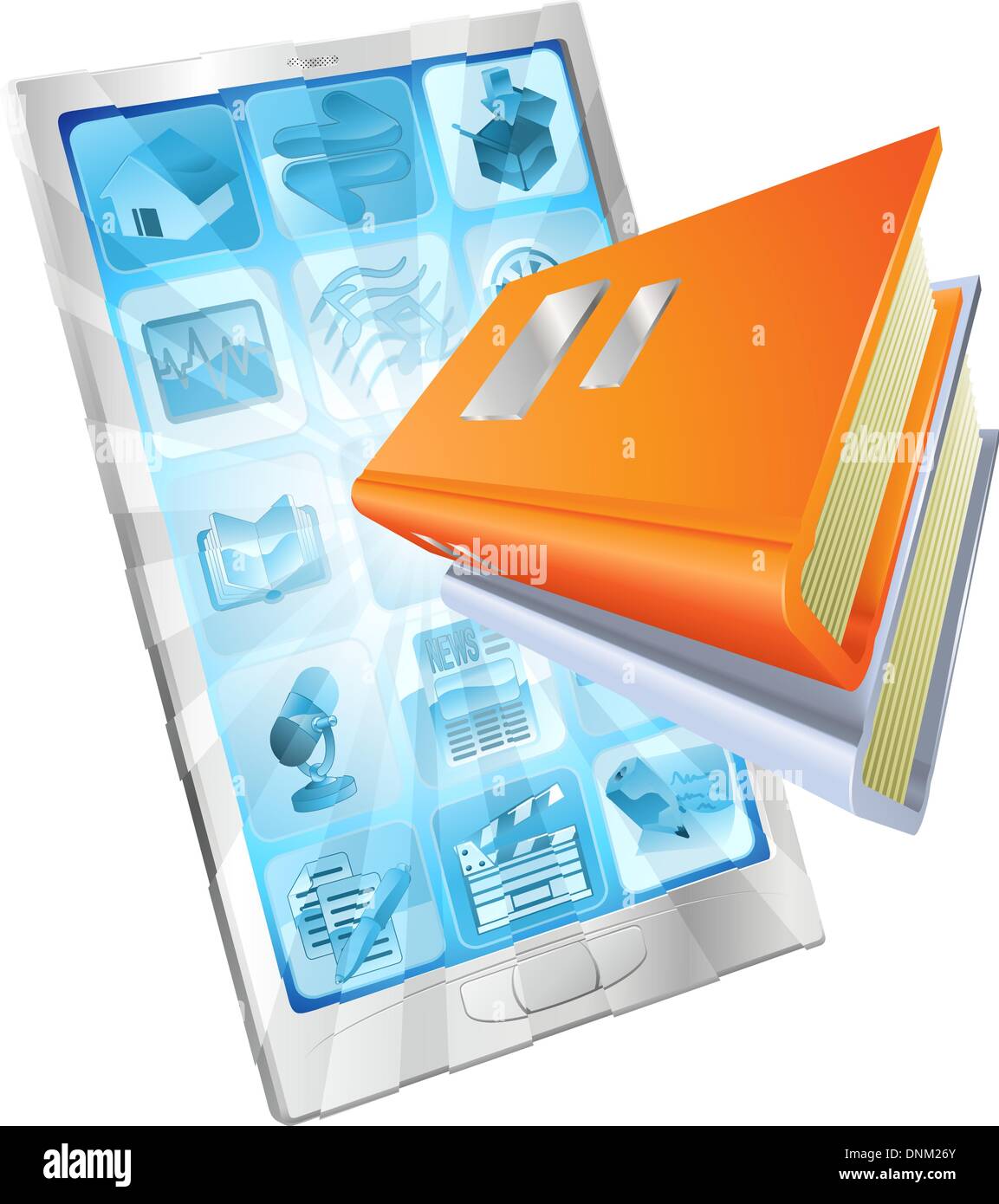 Book icon coming out of phone screen concept for ebooks, reader apps,  online database, elearning. Stock Vector