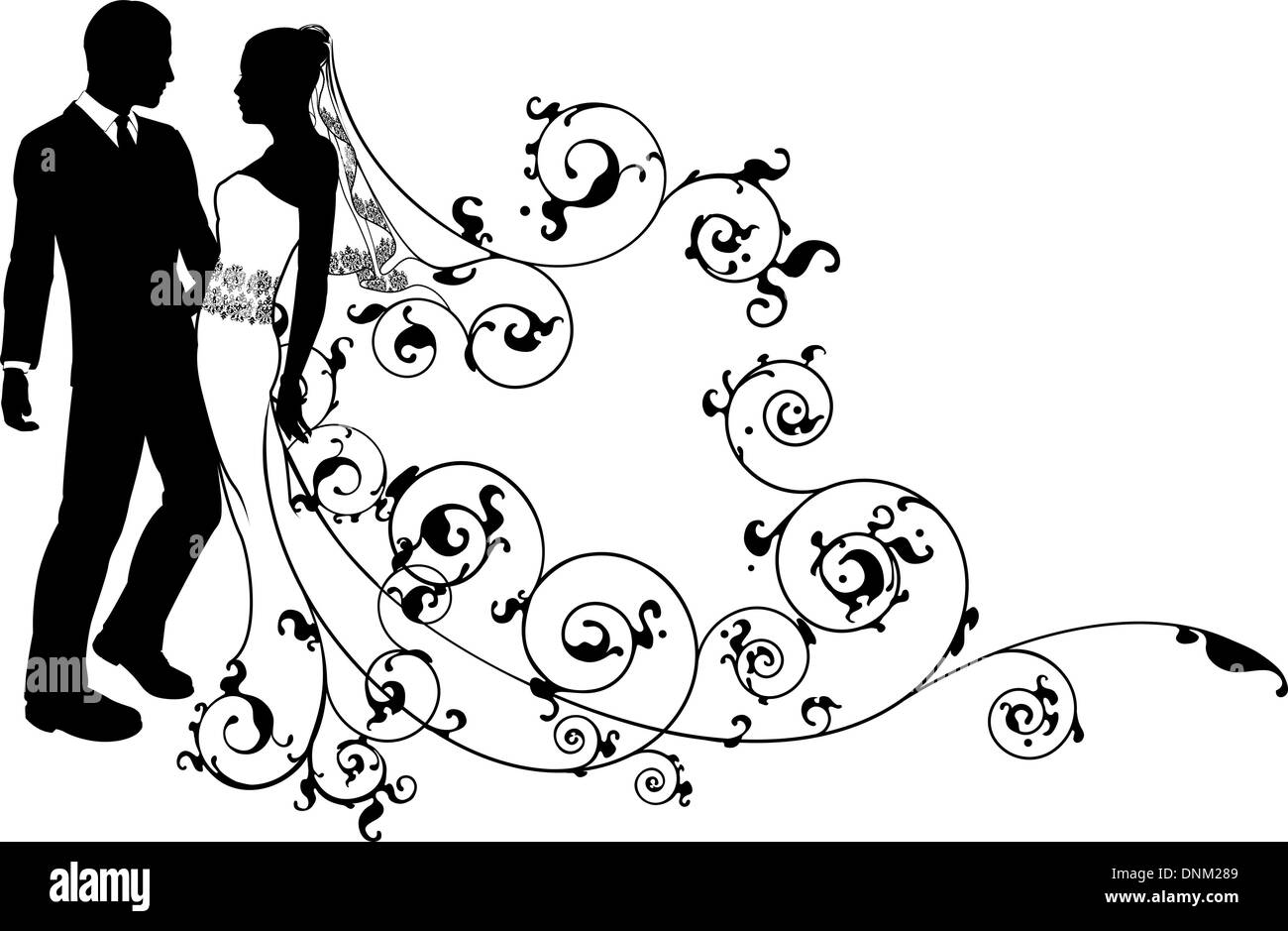 A bride and groom wedding couple in silhouette with beautiful bridal dress and abstract floral pattern. Could be having their fi Stock Vector