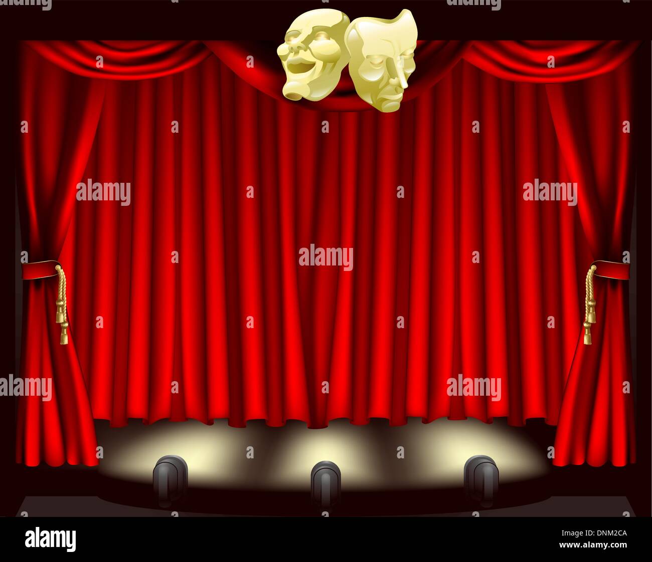Theatre stage with curtains, footlights, and comedy and tragedy masks Stock Vector