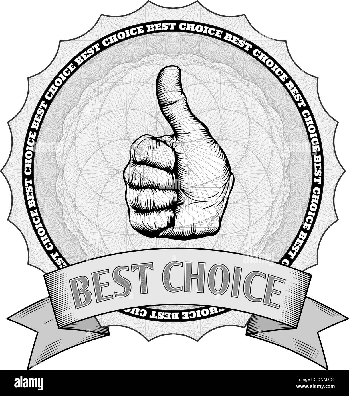 Detailed thumbs up best choice award winner badge with Guilloche patterns. In vector file image is arranged in handy layers. Stock Vector