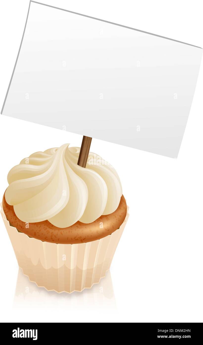 Illustration of a cupcake with a sign sticking out if it Stock Vector