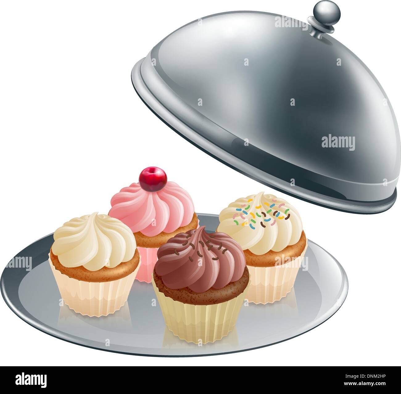 Illustration of different flavour cupcakes on a silver platter Stock Vector